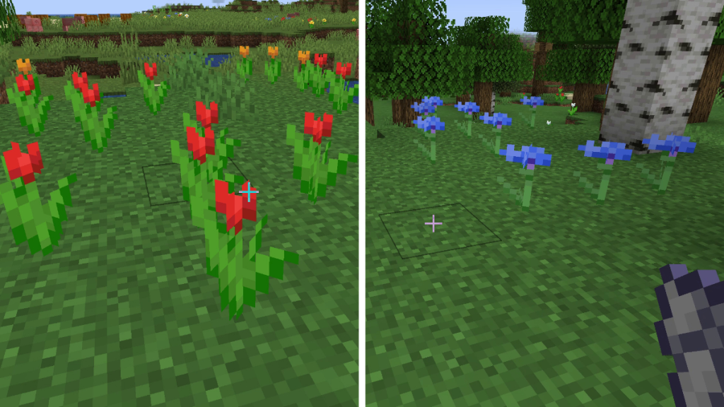 Minecraft 中的红色郁金香和矢车菊