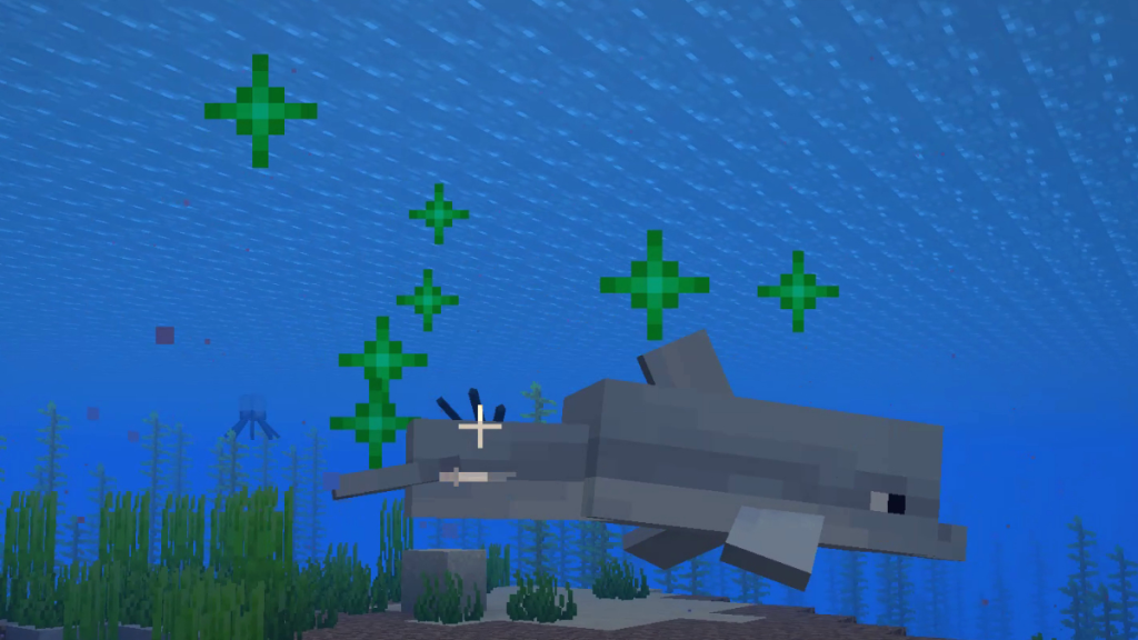 在 Minecraft 中喂养海豚后的绿色粒子效果