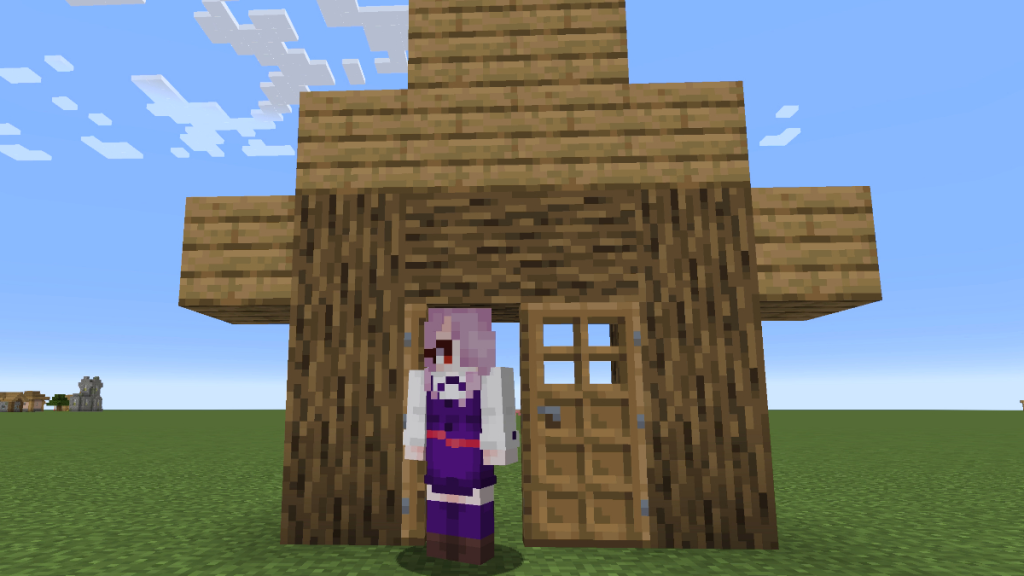 站在 Minecraft 中的橡木屋框架中