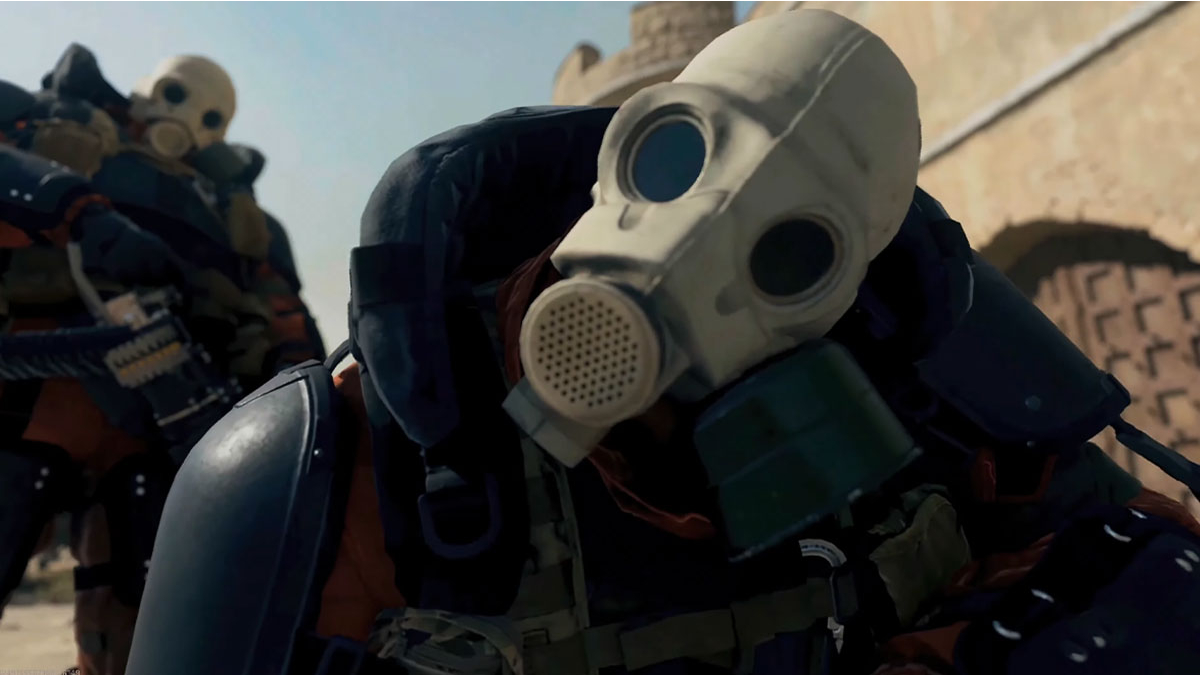 《战区 2》防毒面具用户在尸体上排队。 