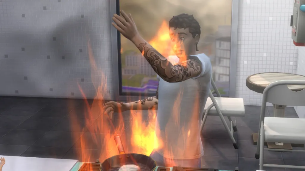惊慌失措的纹身西姆意识到他和他的炉子着火了。 